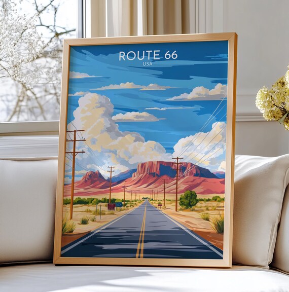 Route 66 USA Vintage Travel Poster Desert Highway Red Mesas Road