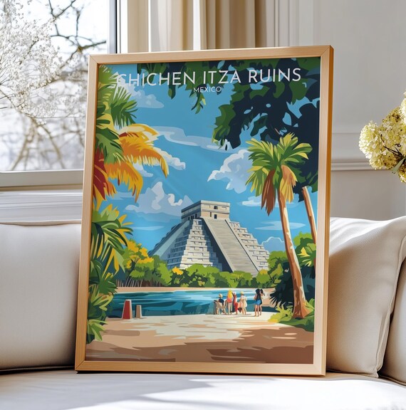 Sunny Chichen Itza Ruins Mexico Pyramid Jungle Travel Poster