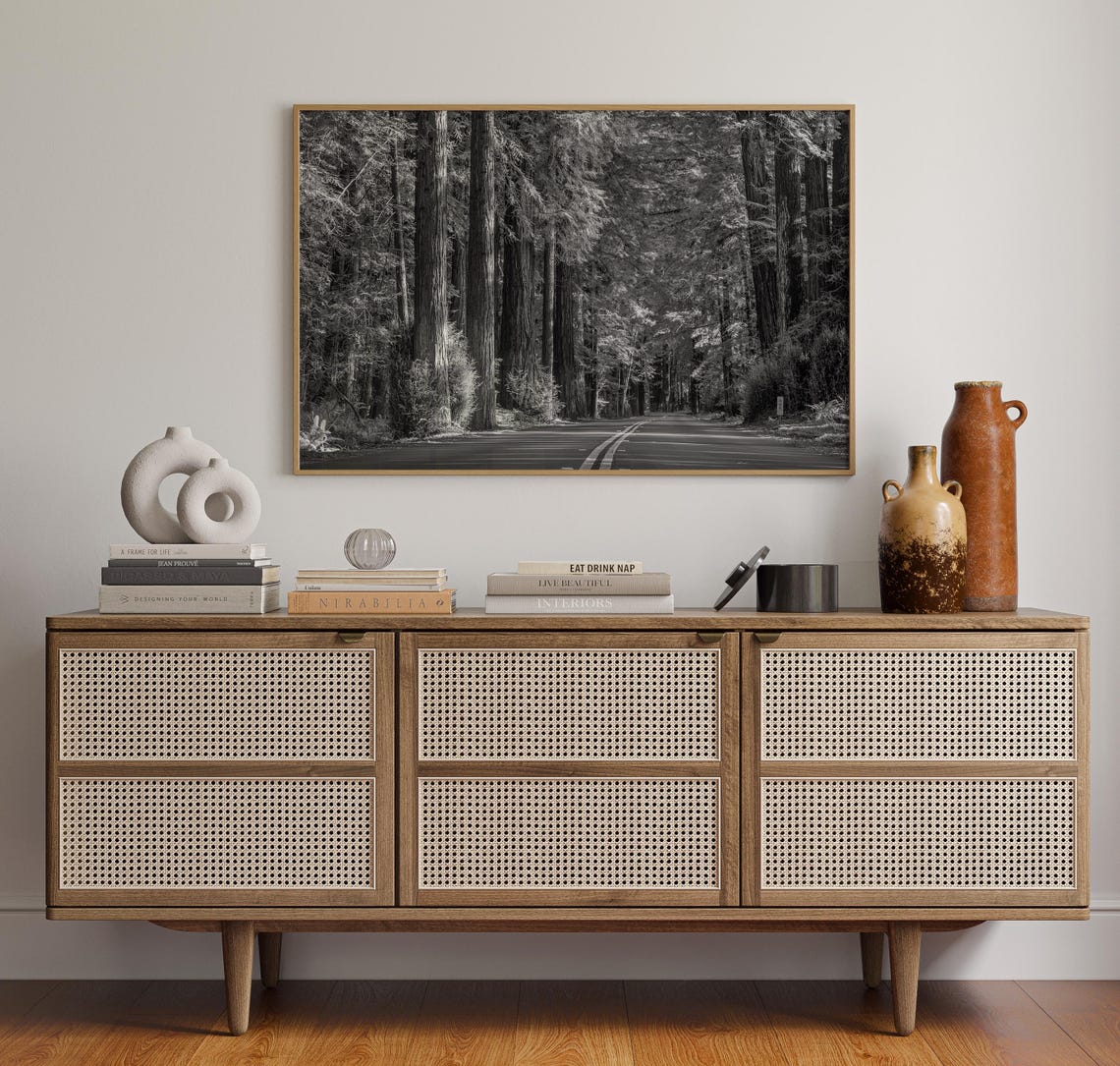 Redwoods Road Through Giant Forest Trees Black and White Poster - Image 4