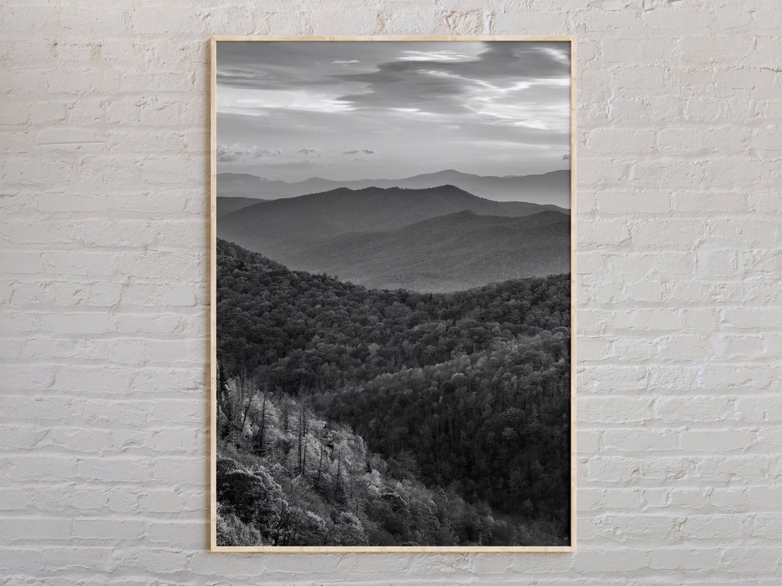 Blue Ridge Mountains Misty Layered Peaks Black And White Poster