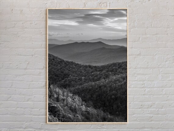 Blue Ridge Mountains Misty Layered Peaks Black And White Poster