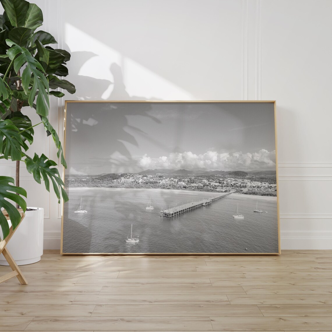 Coffs Harbour Aerial Bay Pier and Sailboats Black and White Poster - Image 2