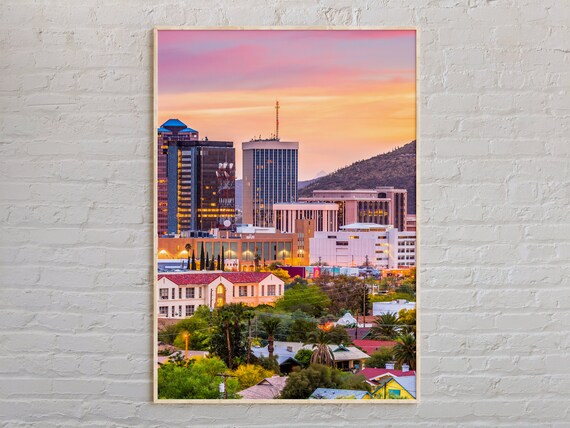 Tucson Arizona Sunset Skyline Desert Cityscape Golden View Poster