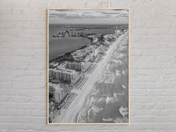 Cancun Riviera Maya Beach Aerial Black And White Coastal Poster