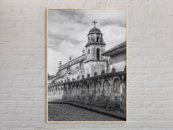 Michoacan Mexico Colonial Church Bell Tower Black White Poster