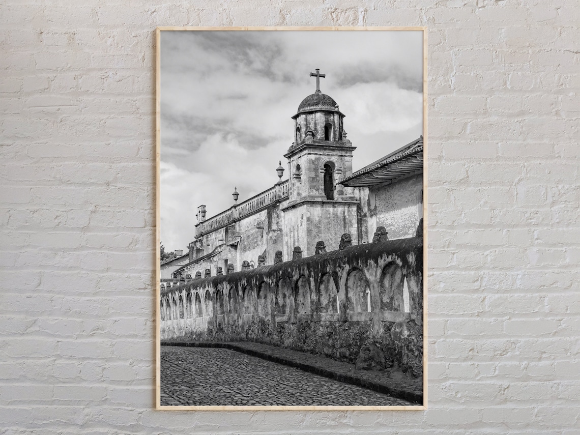 Michoacan Mexico Colonial Church Bell Tower Black White Poster