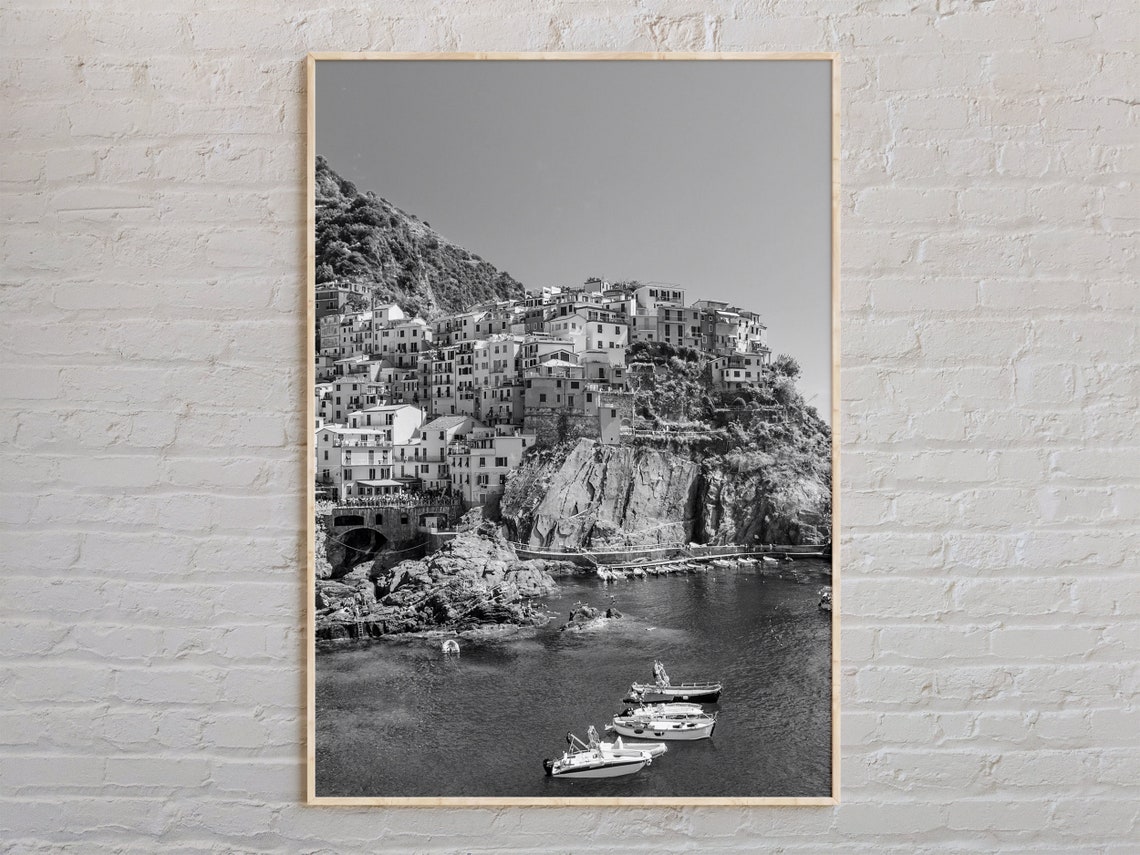 Black And White Cinque Terre Italy Cliff Village Boats Photo Poster