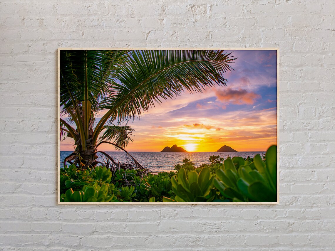 Oahu Hawaii Lanikai Sunrise Palm Tree Mokulua Islands View Poster