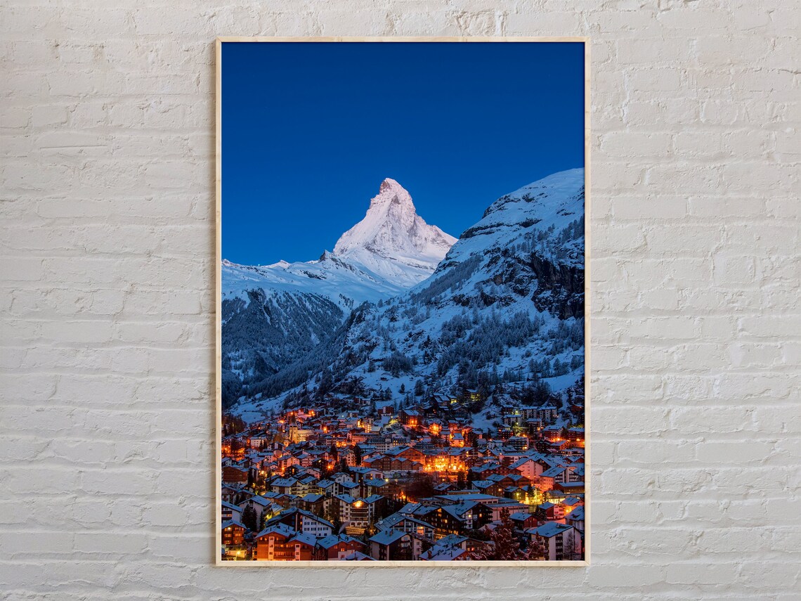 Matterhorn Above Glowing Zermatt Village at Night Swiss Photo Poster
