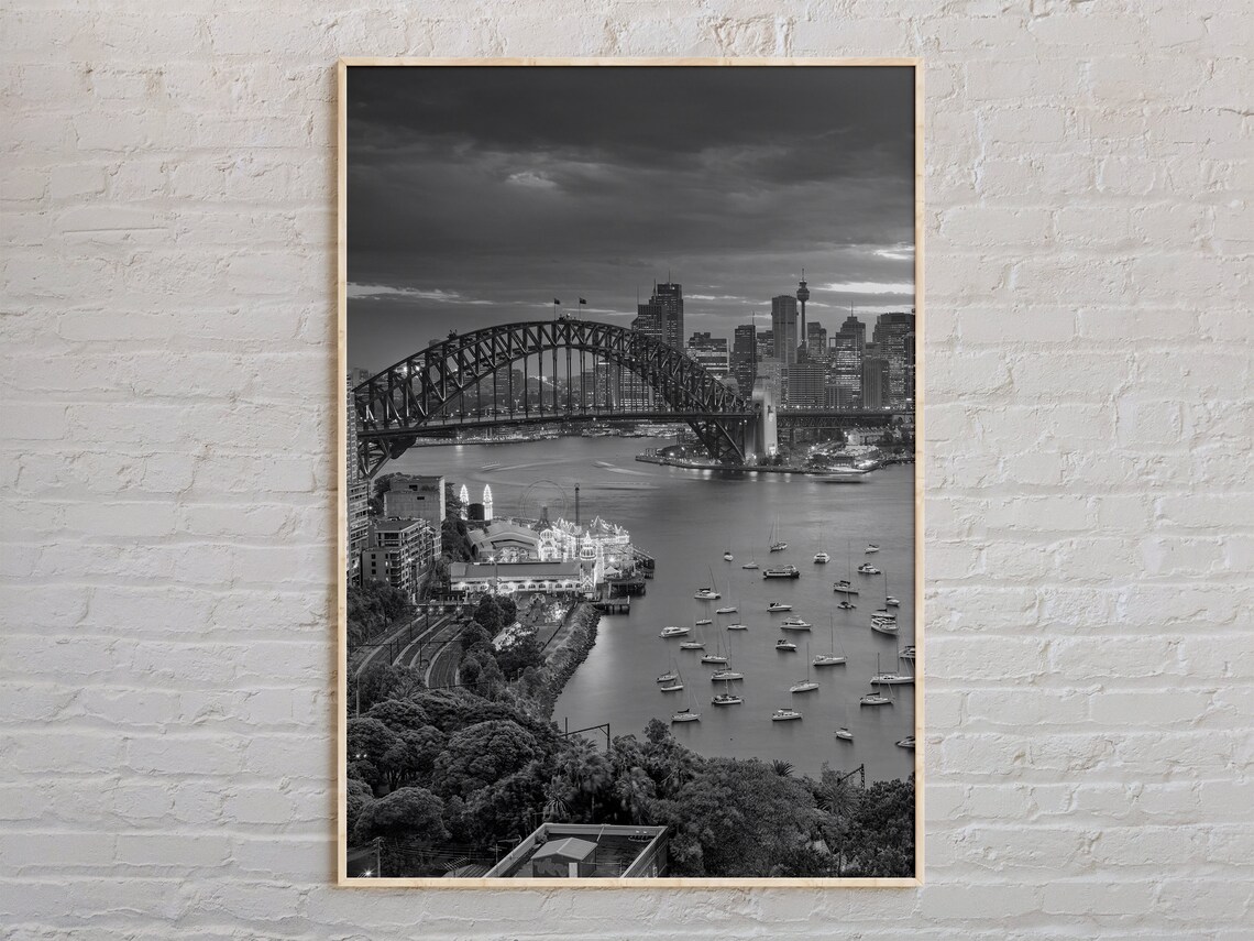 Black and White Sydney Harbour Bridge Night Photography Poster