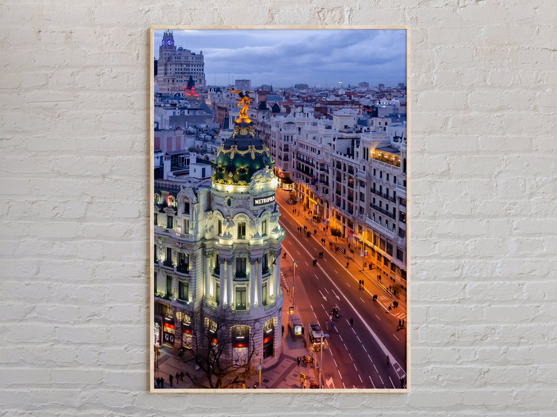 Madrid Spain Metropolis Building on Gran Via at Evening Dusk Poster