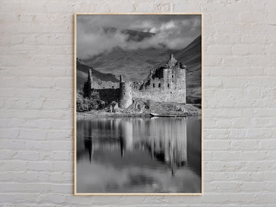 Scotland Castle Loch Misty Black And White Highlands Photo Poster