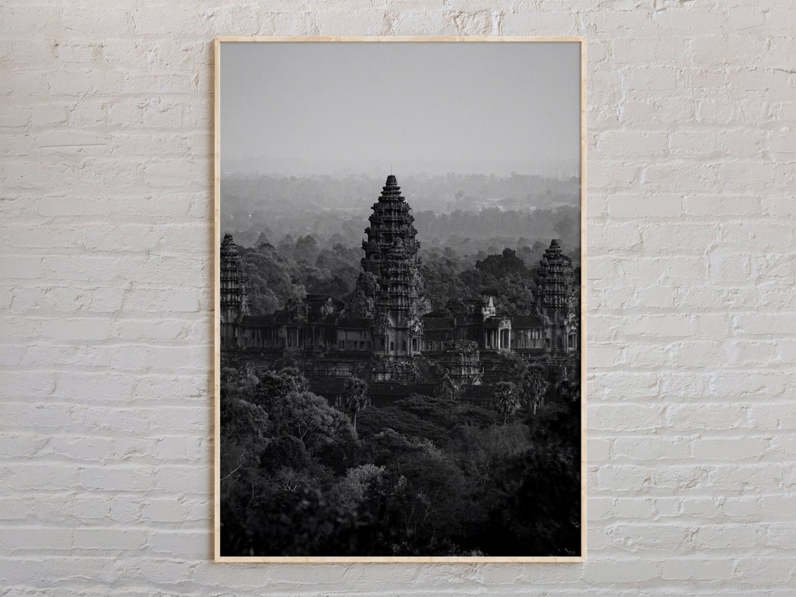 Angkor Wat Temple In Morning Mist Black White Cambodia Poster