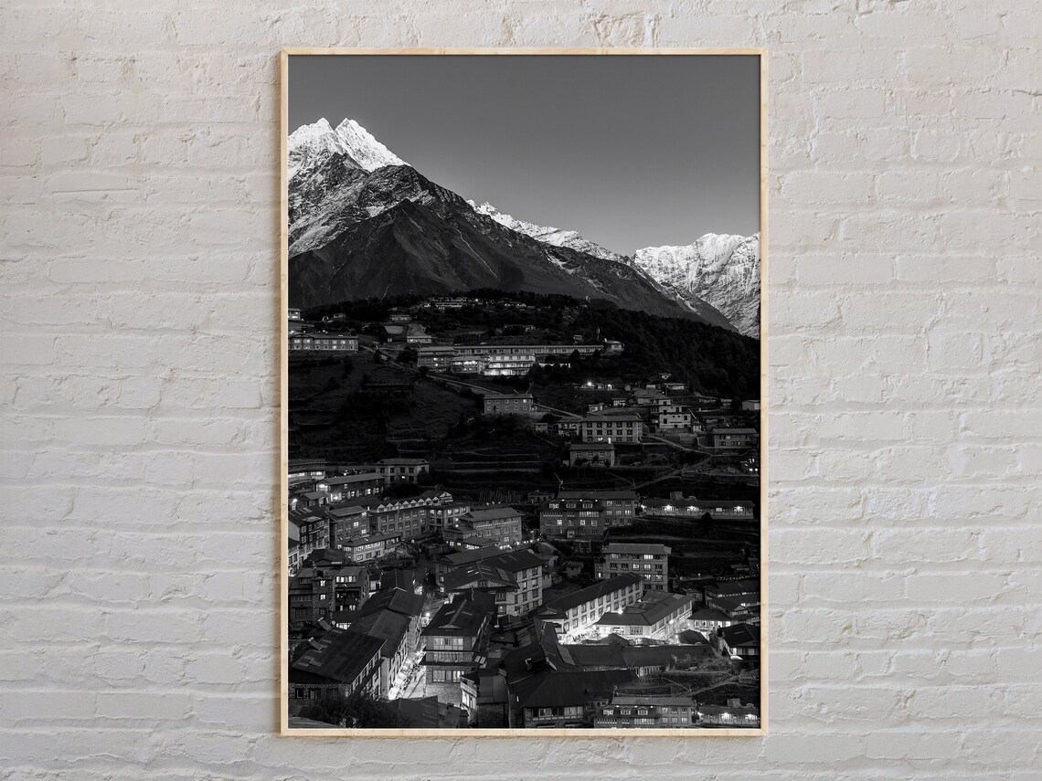 Himalayan Mountain Village at Night Nepal Black and White Poster