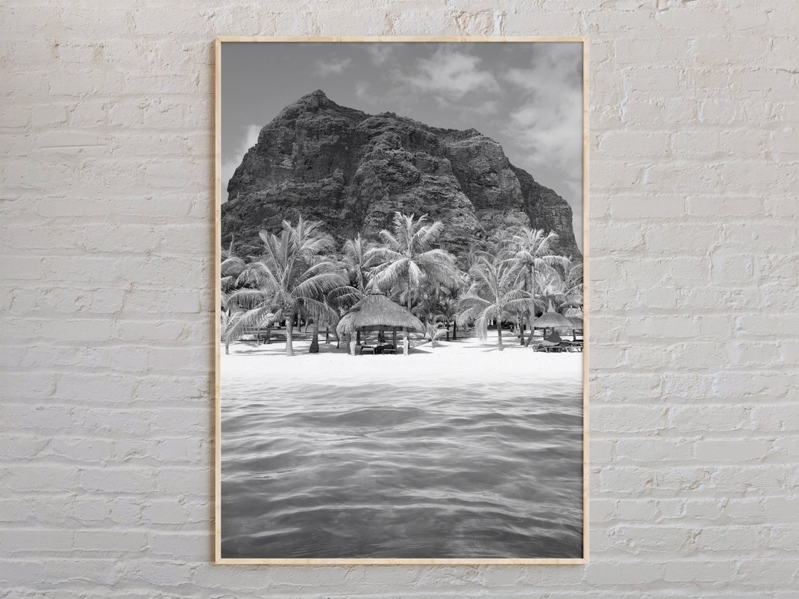 Mauritius Le Morne Mountain Beach Palm Trees Black White Poster