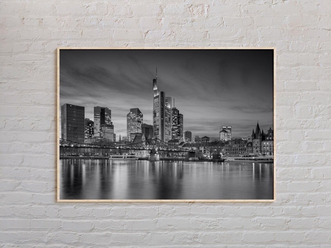Frankfurt am Main Night Skyline River Black and White City Poster