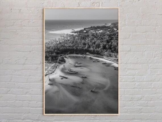 Black and White Zanzibar Aerial Beach Fishing Boats Coast Poster