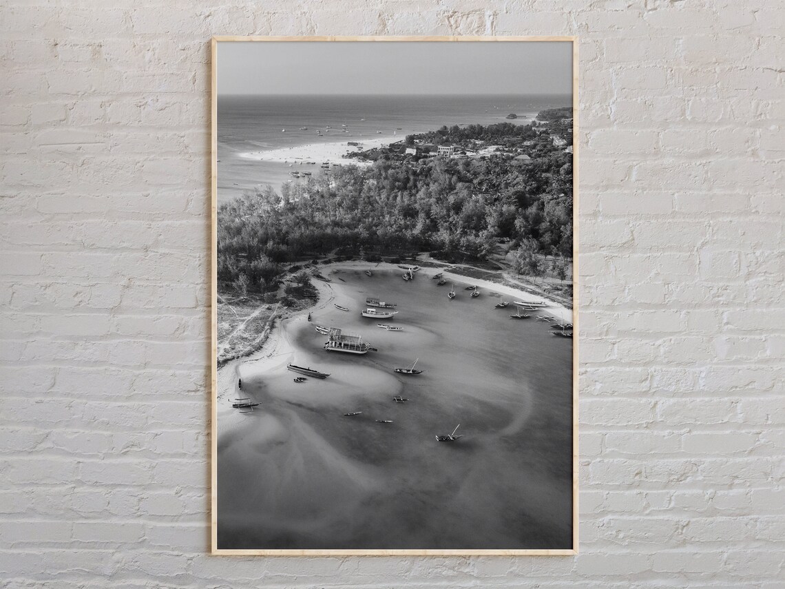 Black and White Zanzibar Aerial Beach Fishing Boats Coast Poster