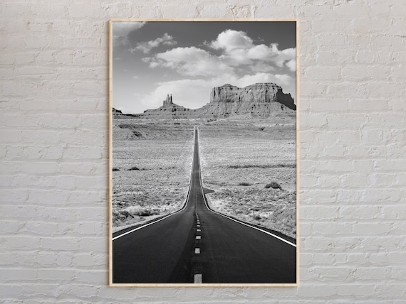 Utah Desert Highway Toward Mesas Black And White Photography Poster