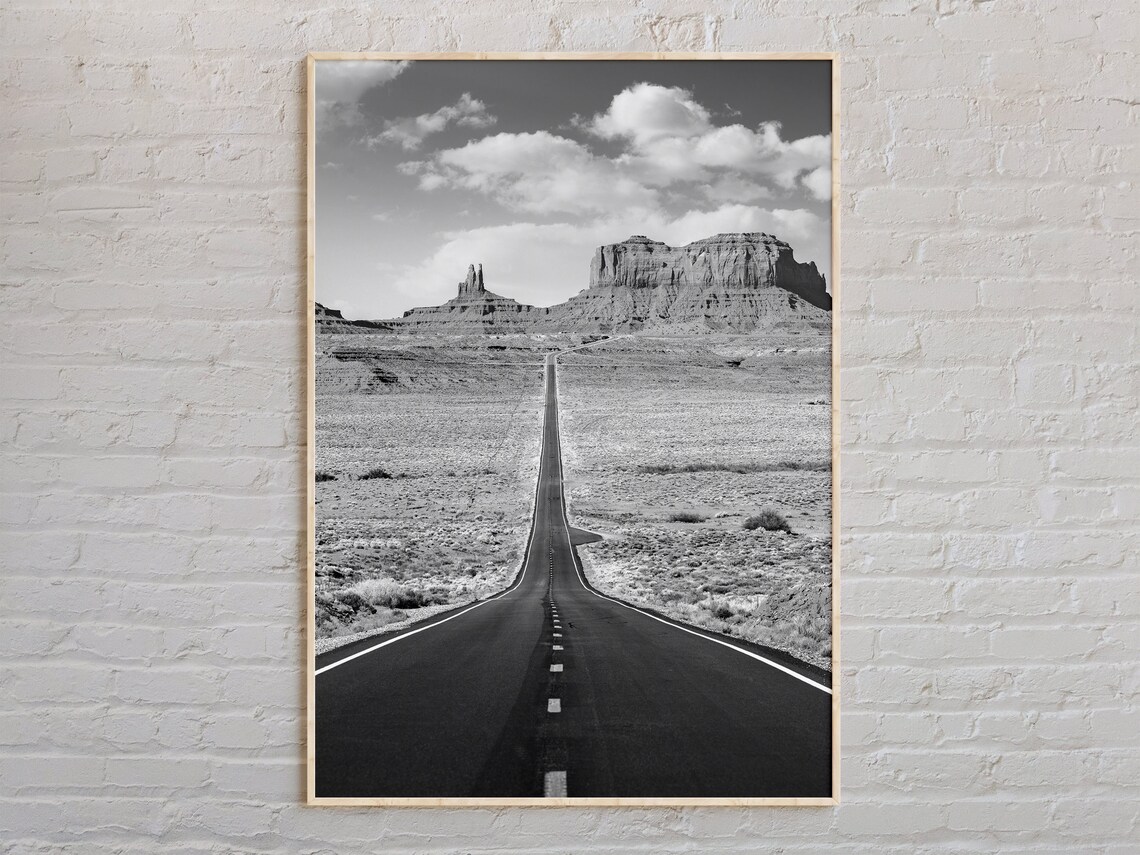 Utah Desert Highway Toward Mesas Black And White Photography Poster