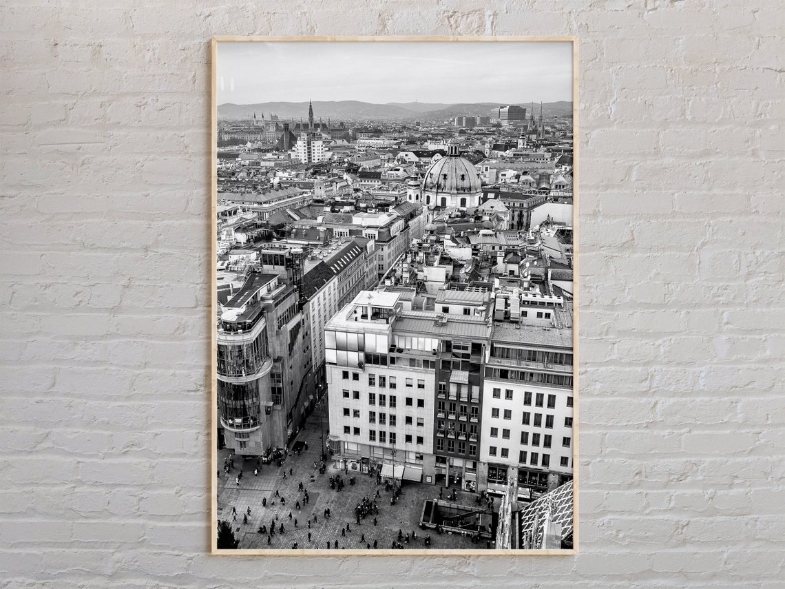 Black and White Vienna City Rooftops Aerial View Photography Poster