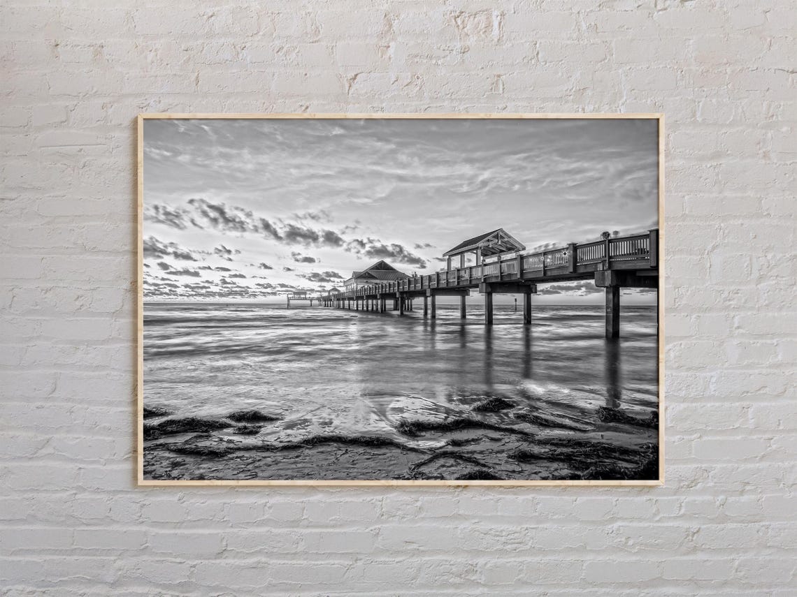 Clearwater Beach Pier Over Ocean Sunset Black and White Poster
