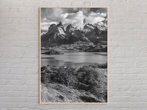 Jagged Mountain Peaks Over Alpine Lake Black White Photo Poster