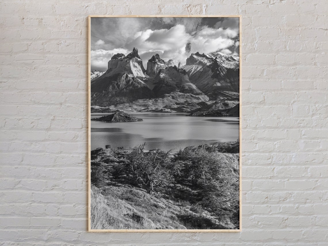 Jagged Mountain Peaks Over Alpine Lake Black White Photo Poster