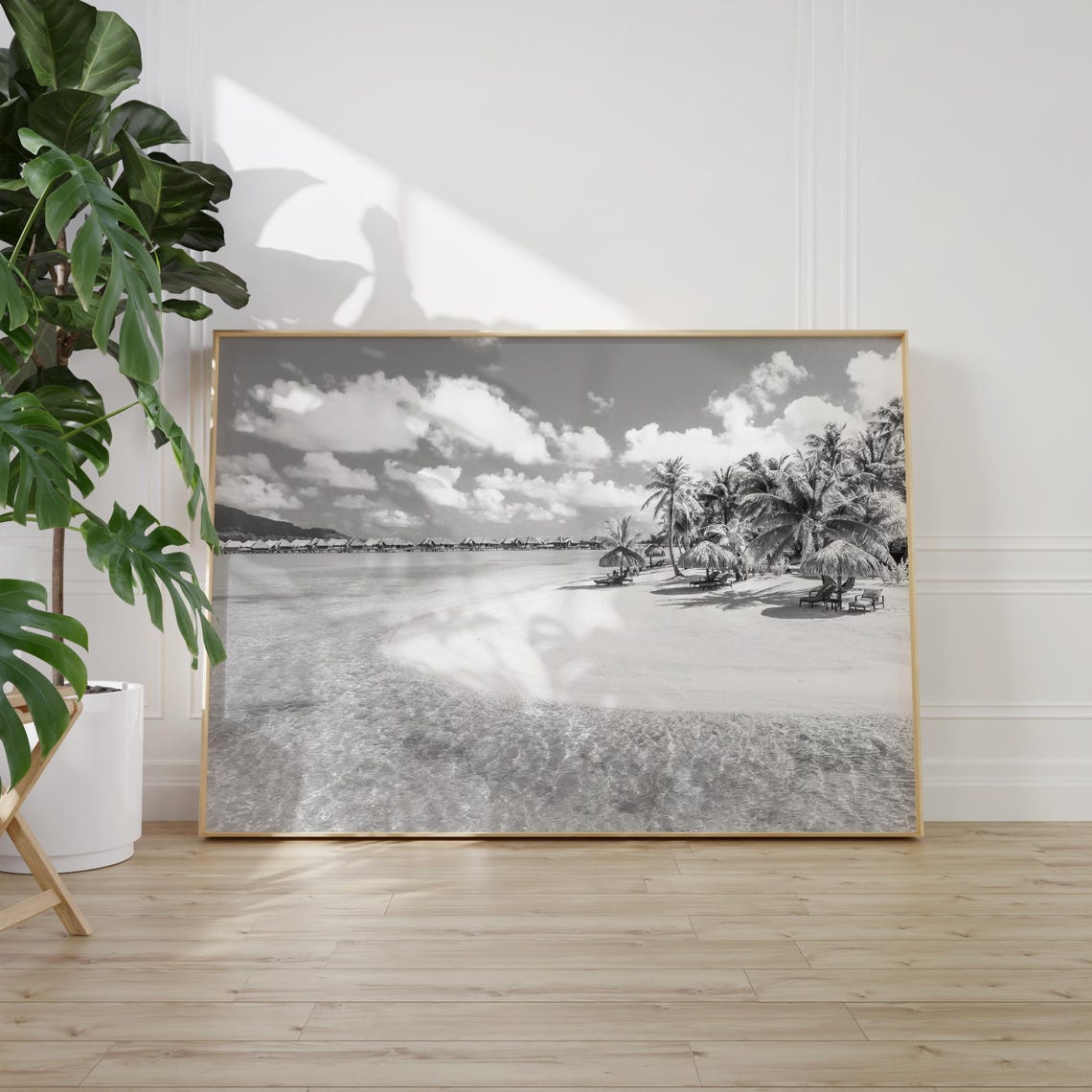 Bora Bora Tropical Beach Palm Trees Black and White Seascape Poster - Image 2