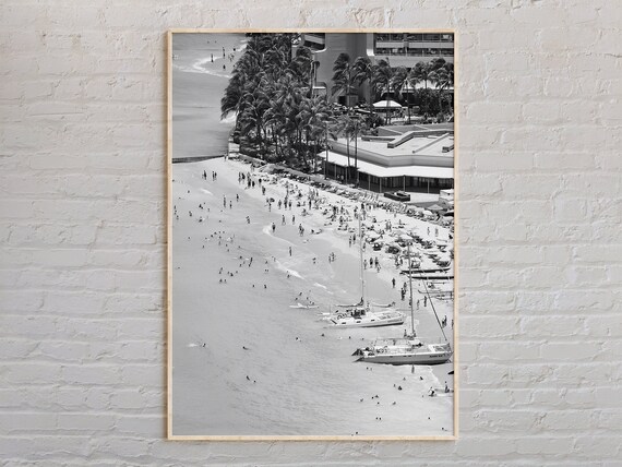 Black and White Oahu Waikiki Beach Aerial View Sailboats Poster