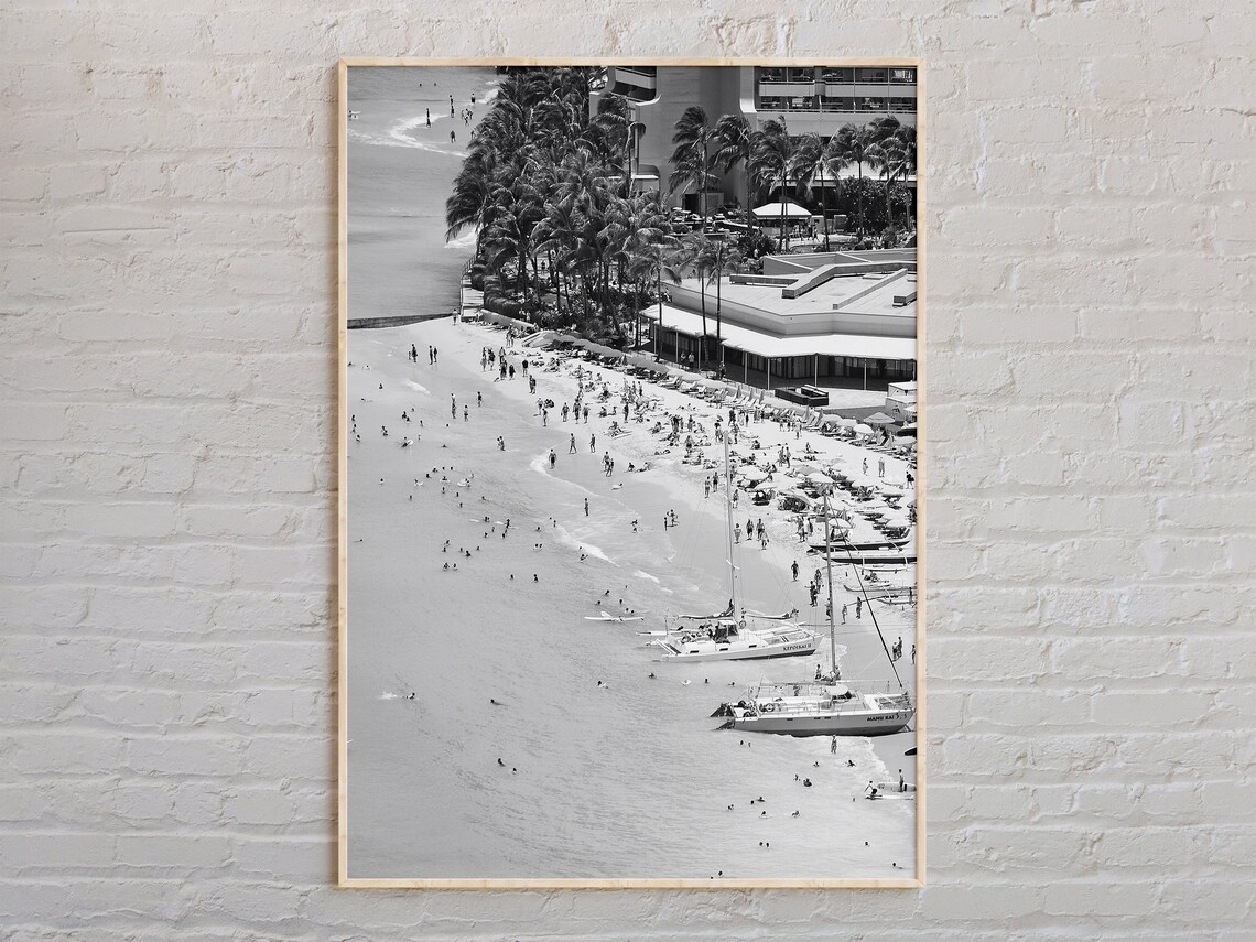 Black and White Oahu Waikiki Beach Aerial View Sailboats Poster