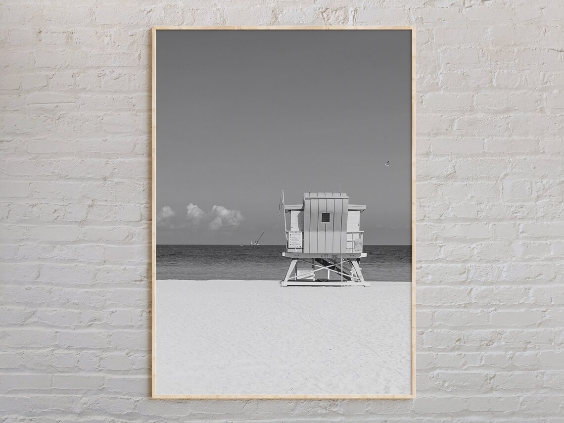 Miami Beach Lifeguard Tower Empty Beach Poster Black And White Ocean Photo