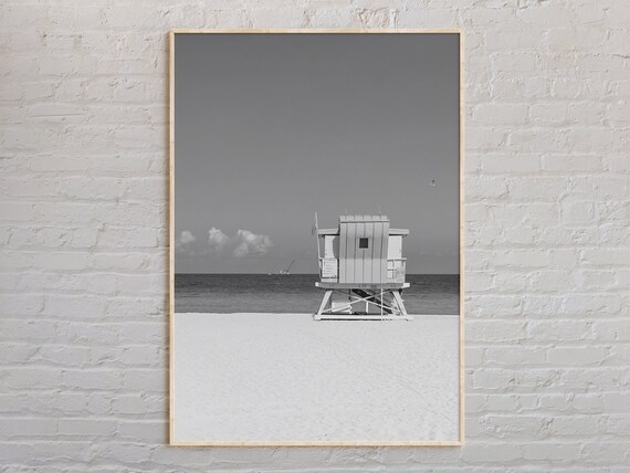 Miami Beach Lifeguard Tower Empty Beach Poster Black And White Ocean Photo