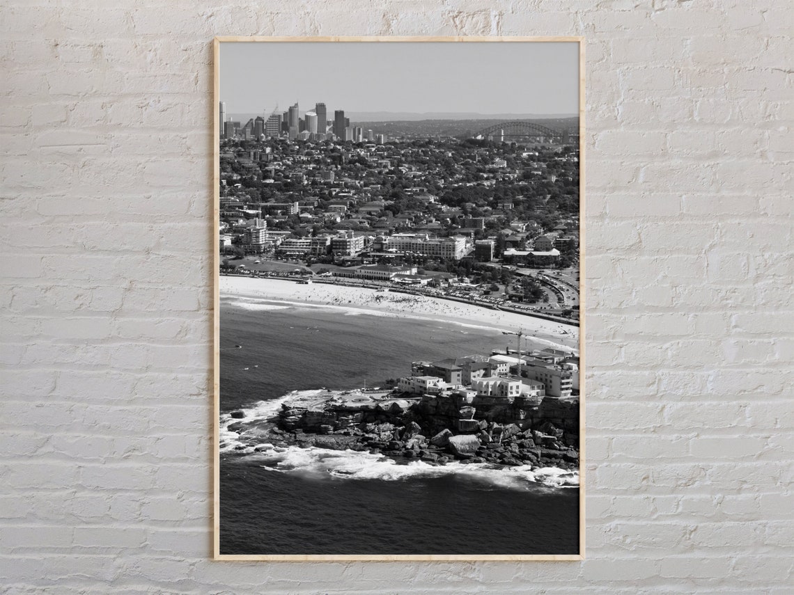 Black and White Bondi Beach Aerial Coastline Surf Photo Poster