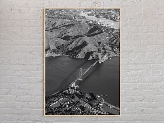 Golden Gate Bridge Bay Aerial View Black and White Photo Poster