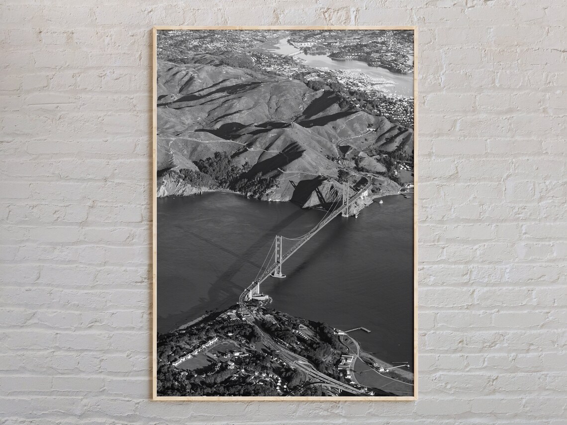 Golden Gate Bridge Bay Aerial View Black and White Photo Poster