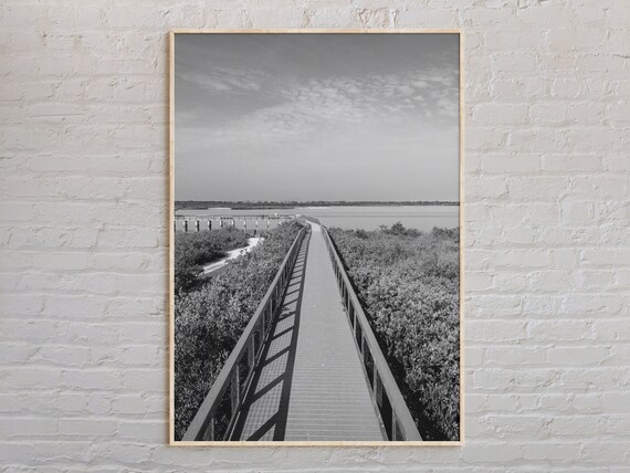New Smyrna Beach Wooden Boardwalk Black and White Photo Poster