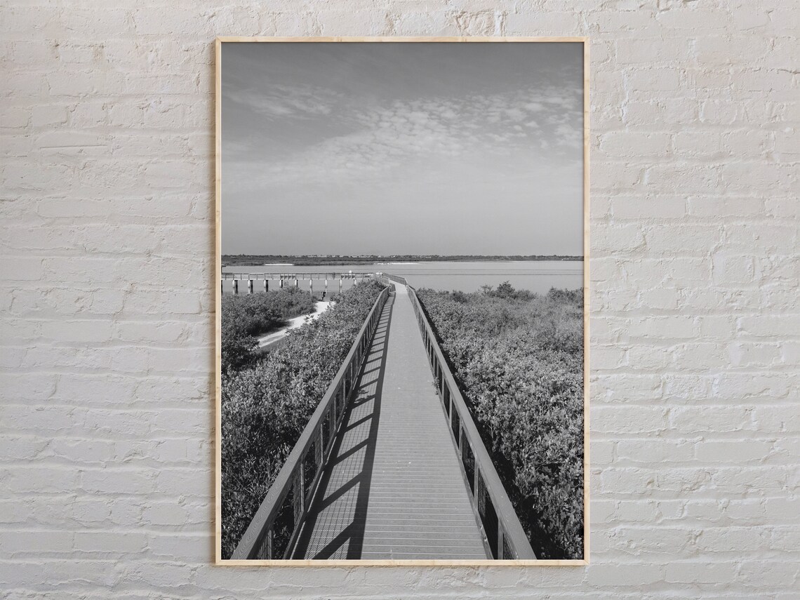 New Smyrna Beach Wooden Boardwalk Black and White Photo Poster