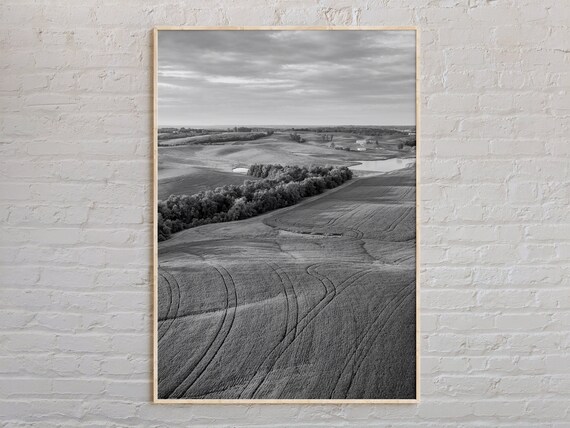 Missouri Farmland Aerial Black and White Rolling Fields Landscape Poster