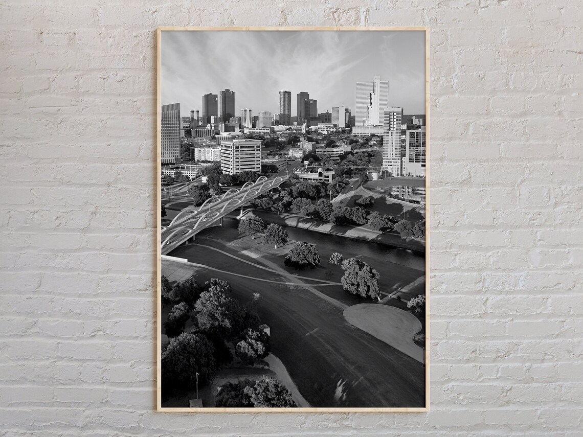 Fort Worth Skyline Black And White Texas River City Photo Poster