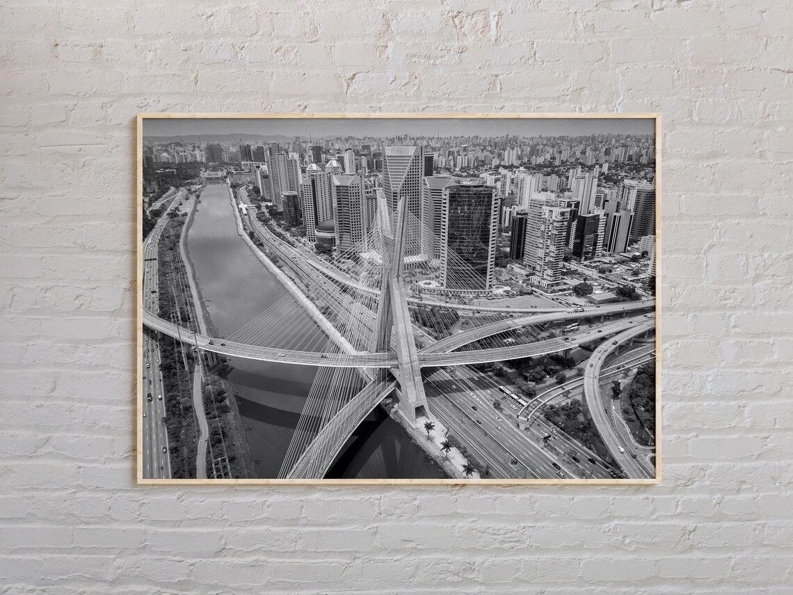 Sao Paulo Brazil Ponte Estaiada Bridge Aerial Black and White Poster