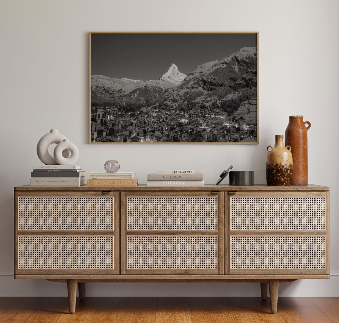 Zermatt Matterhorn Peak Black and White Night Village Alpine Poster - Image 4