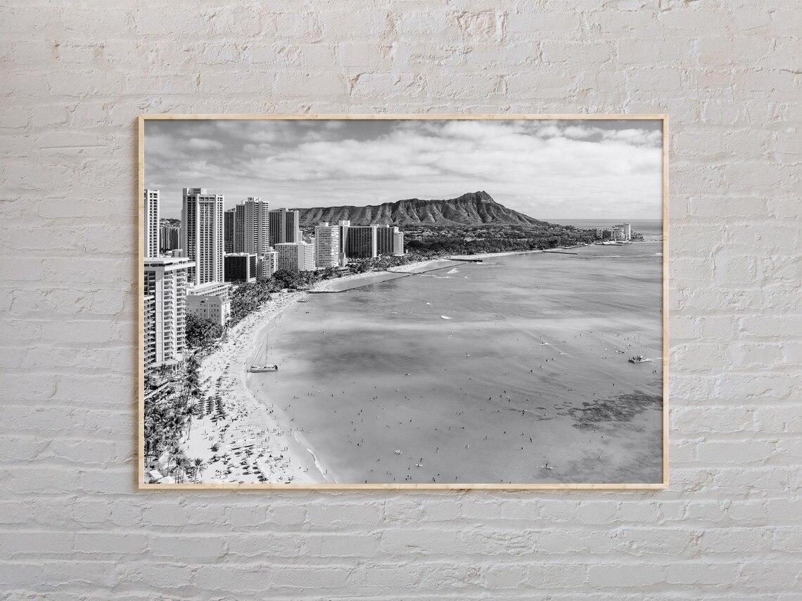 Black and White Waikiki Travel Poster, Hawaii