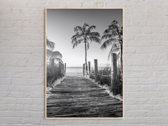 Florida Beach Boardwalk Dunes And Palms Black White Photo Travel Poster