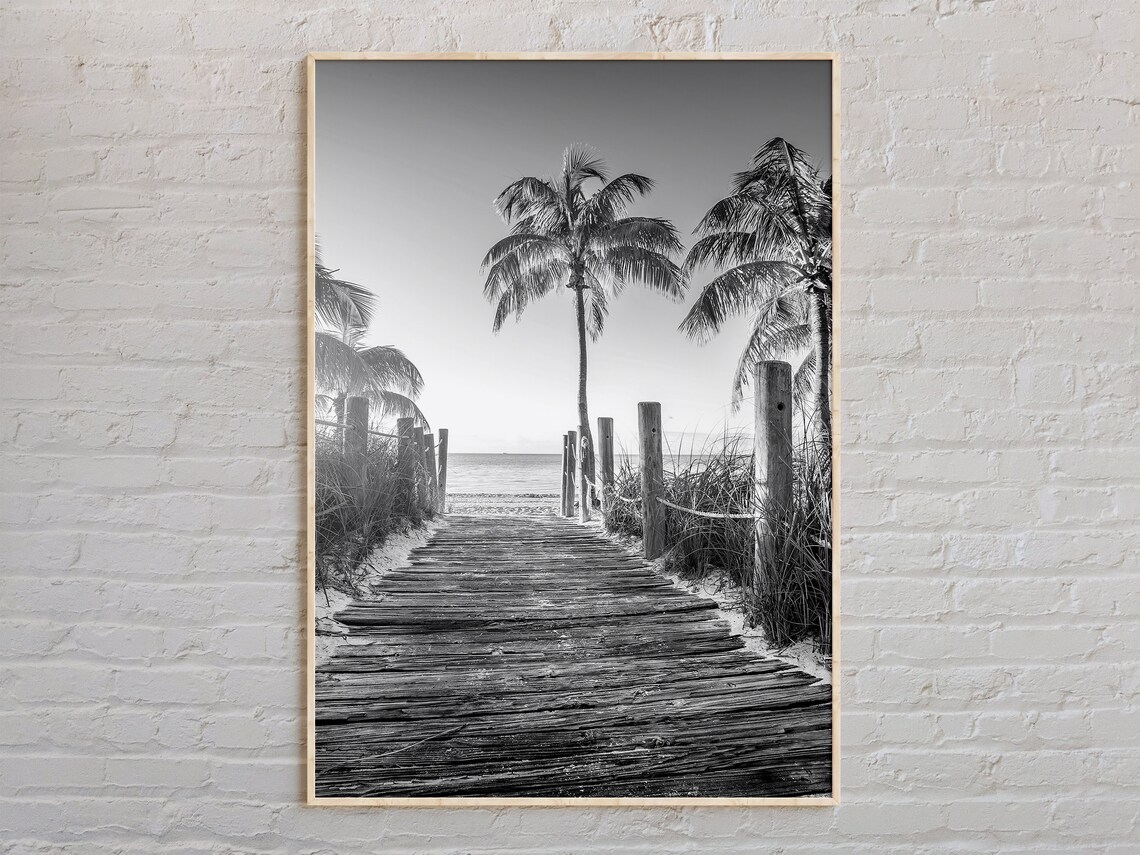Florida Beach Boardwalk Dunes And Palms Black White Photo Travel Poster