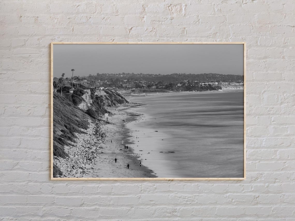 Encinitas Beach Cliffs and Shoreline Black and White Coastal Poster