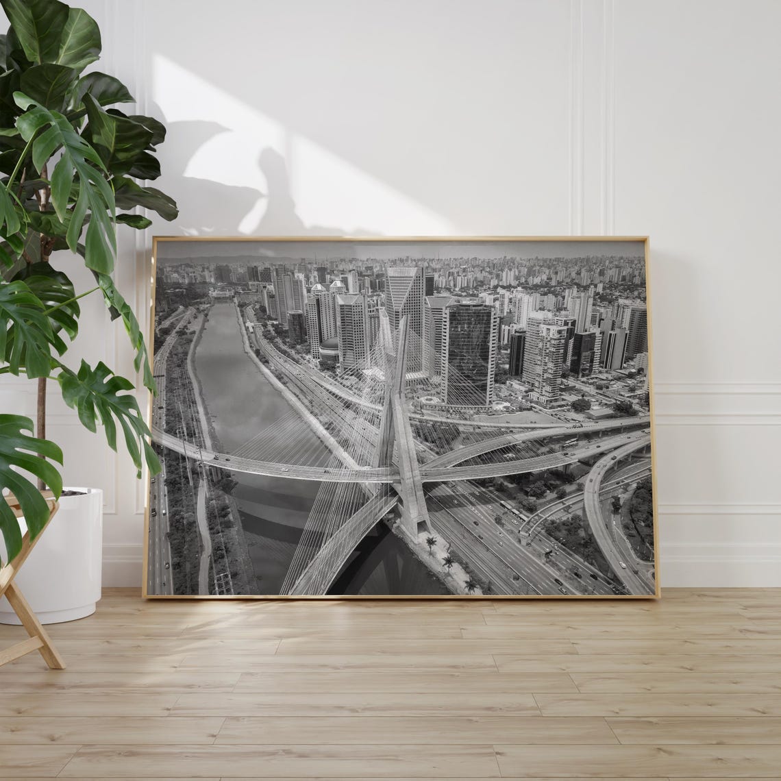 Sao Paulo Brazil Ponte Estaiada Bridge Aerial Black and White Poster - Image 2