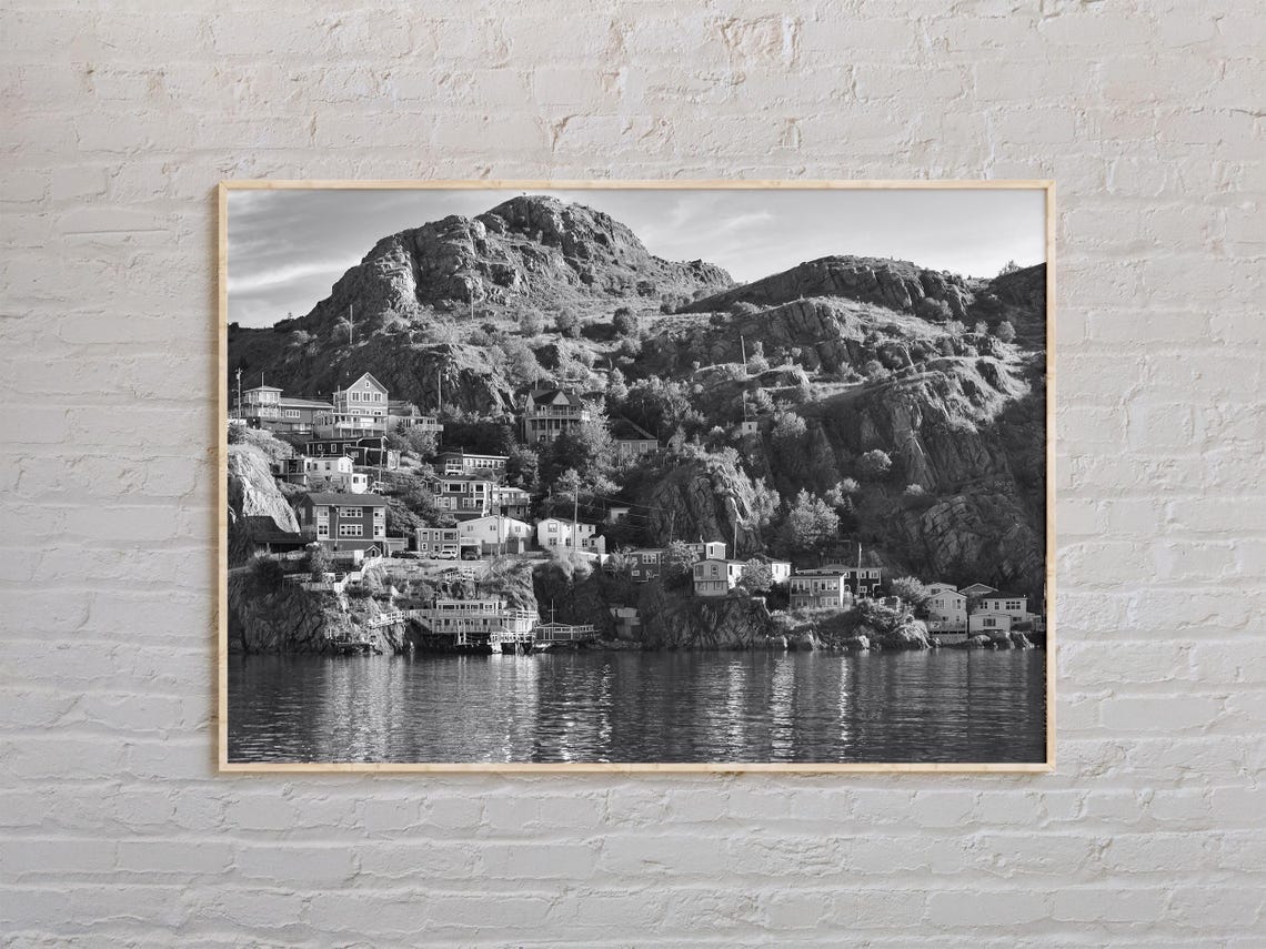 Saint Johns Newfoundland Harbor Town Black and White Cliffs Poster