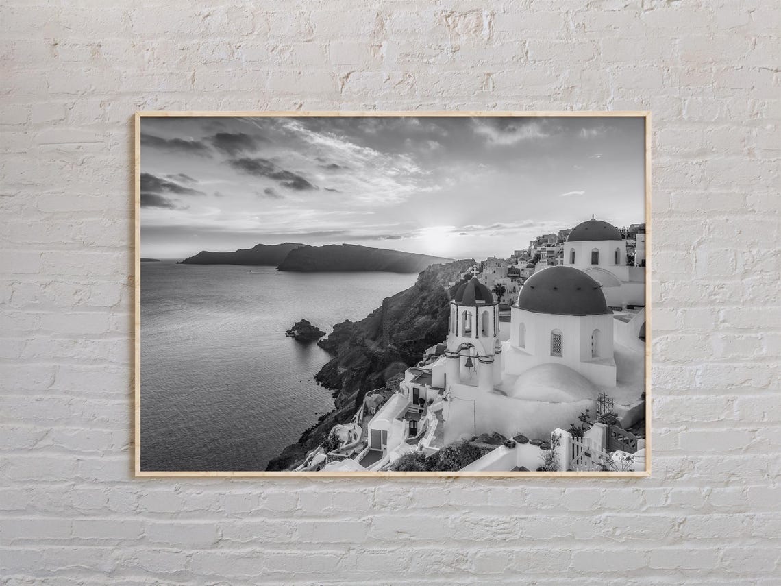 Santorini Domed Churches Over Caldera Sunset Black and White Poster