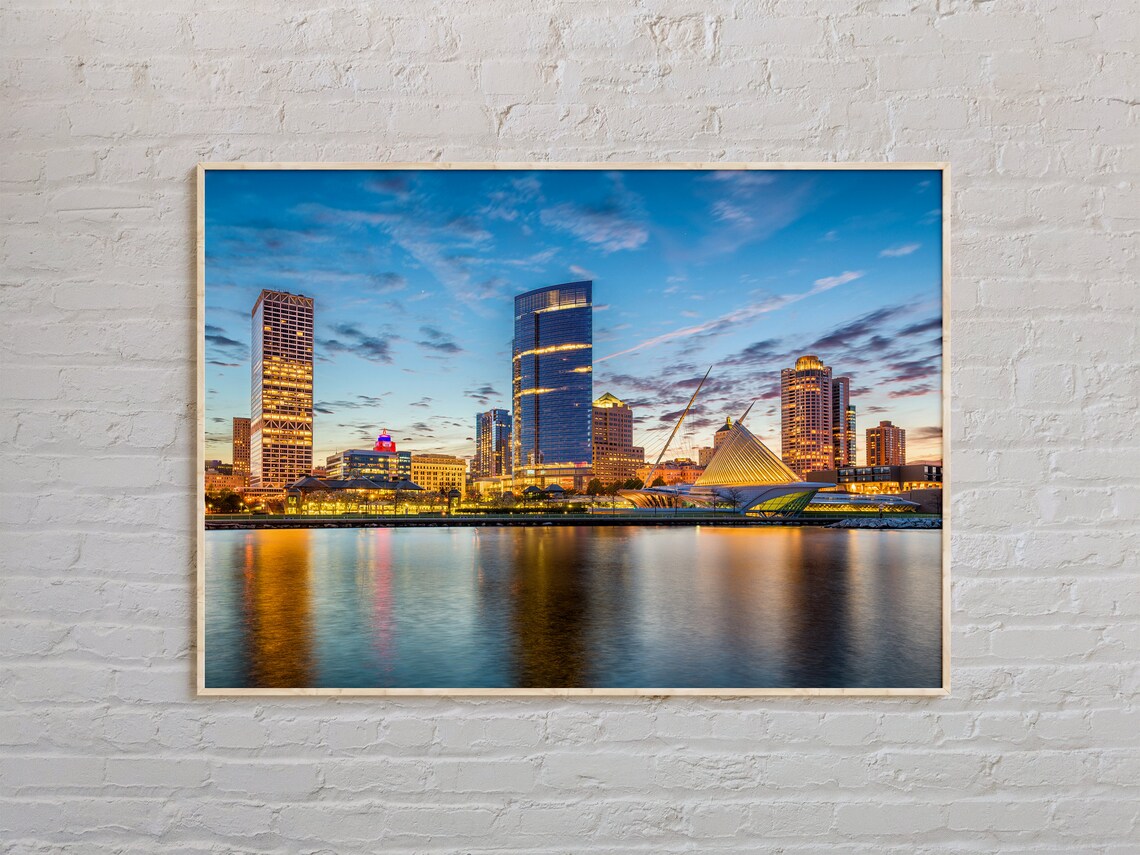 Milwaukee Wisconsin Skyline Dusk Lake Michigan Reflection Art Poster